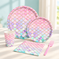 Representative pink mermaid-pattern tableware display from the 121-piece set; not all pieces shown. Styling props are not included.