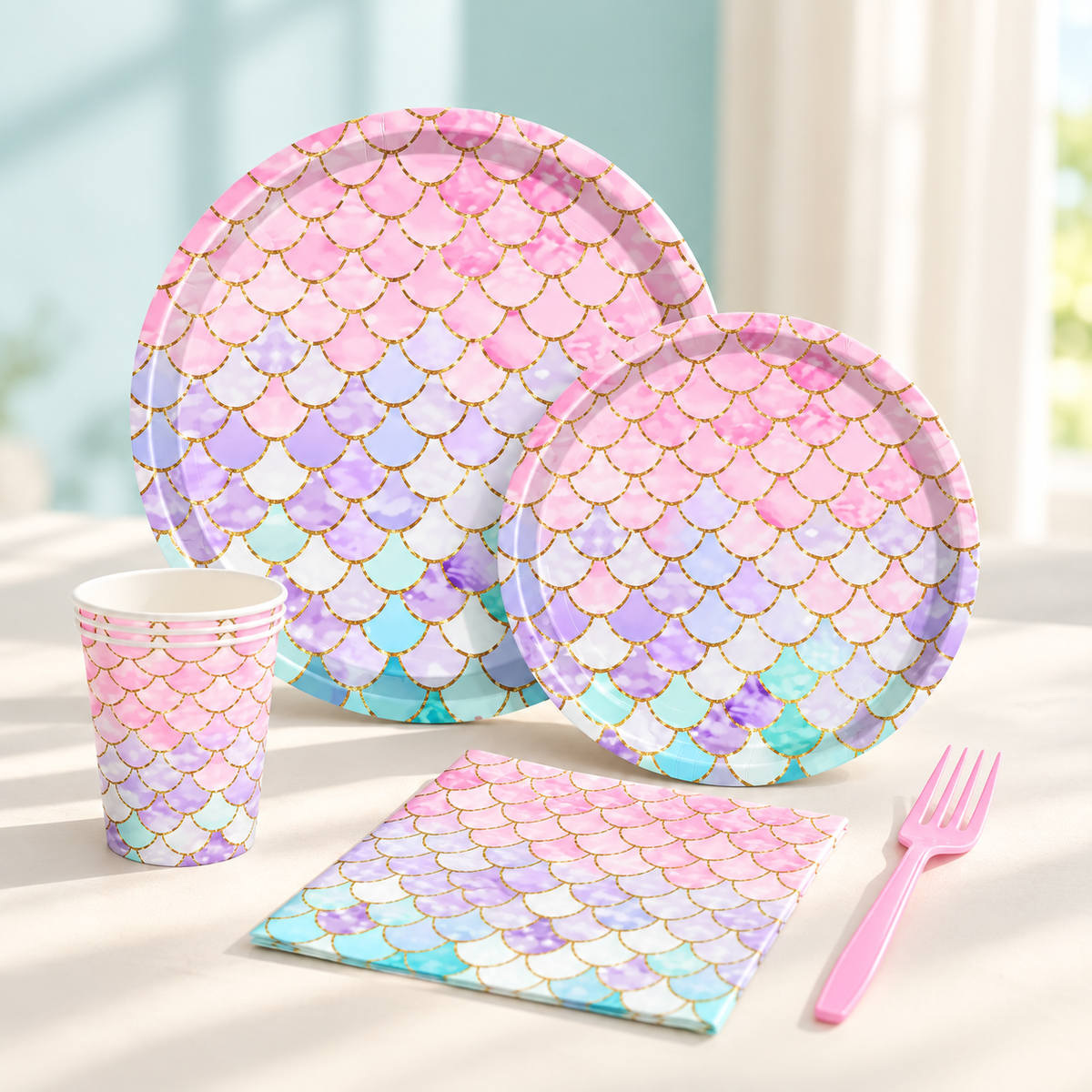 Representative pink mermaid-pattern tableware display from the 121-piece set; not all pieces shown. Styling props are not included.