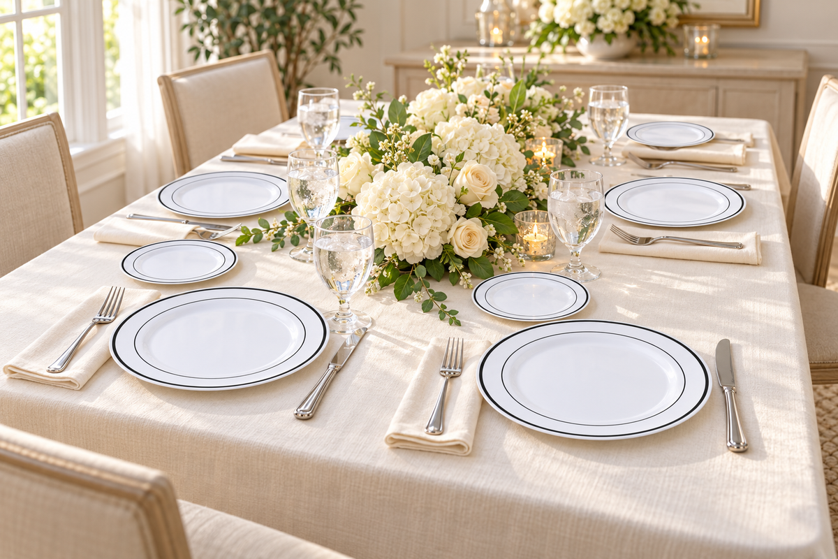 White plastic plates with black double-line rims in two sizes at a full ivory-linen table with white flowers. Food and styling props are not included.