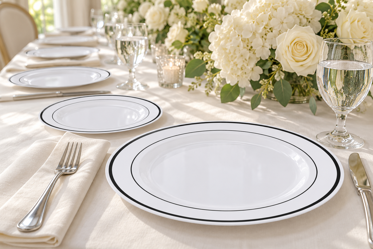 White black-rim dinner and smaller plates seen from a guest setting at a floral linen table. Food and styling props are not included.