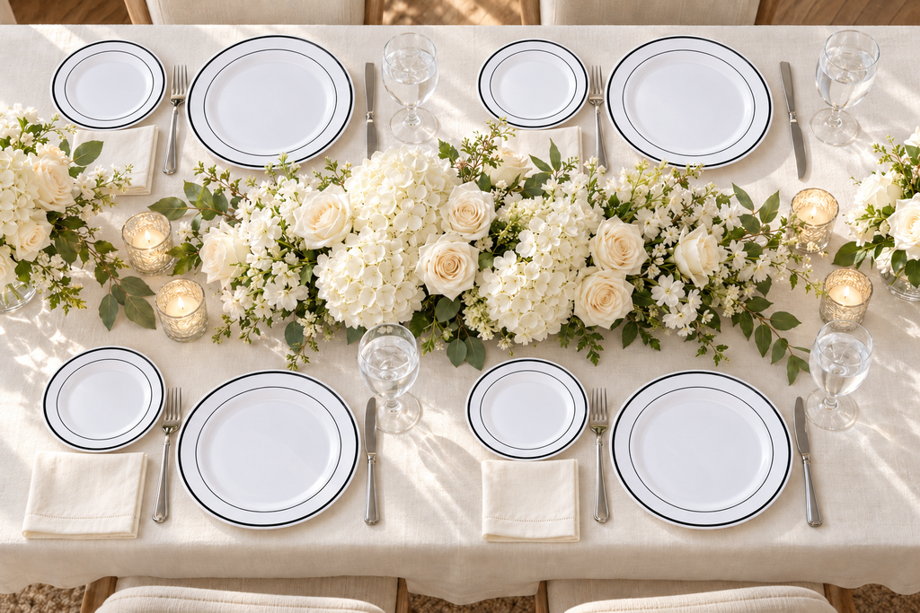 Overhead view of four white black-rim plate settings surrounding cream-white flowers. Food and styling props are not included.