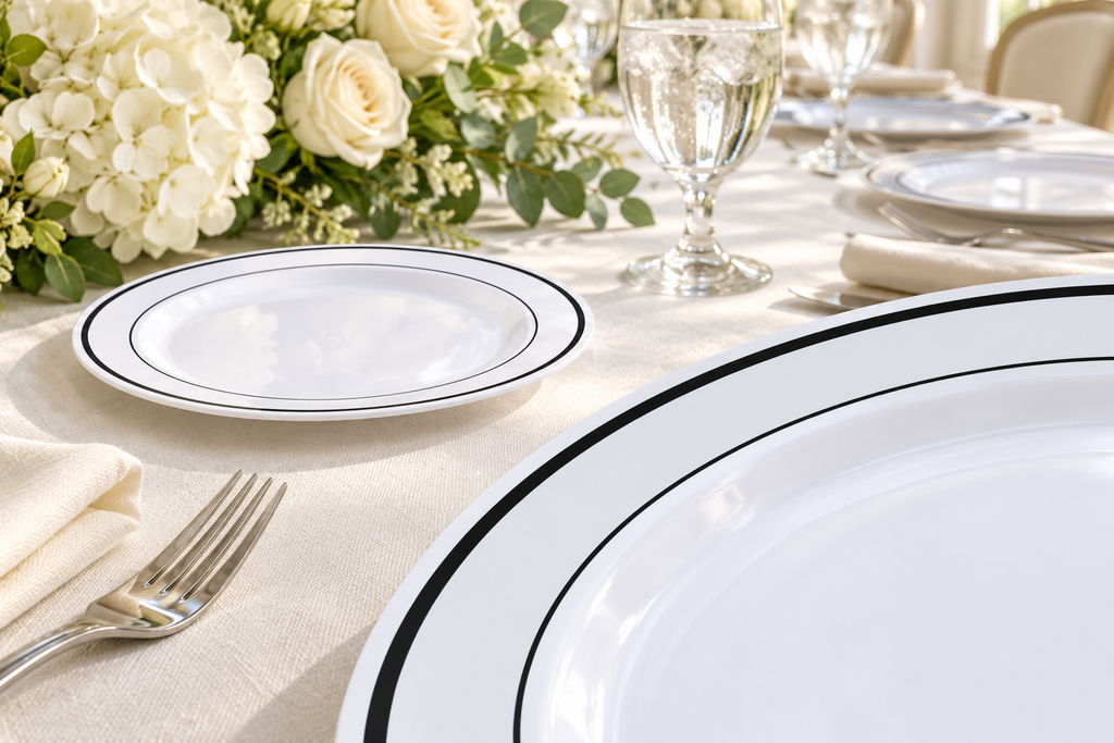 Close diagonal crop of a thin white plate rim with a thick outer black line and fine inner black line. Food and styling props are not included.