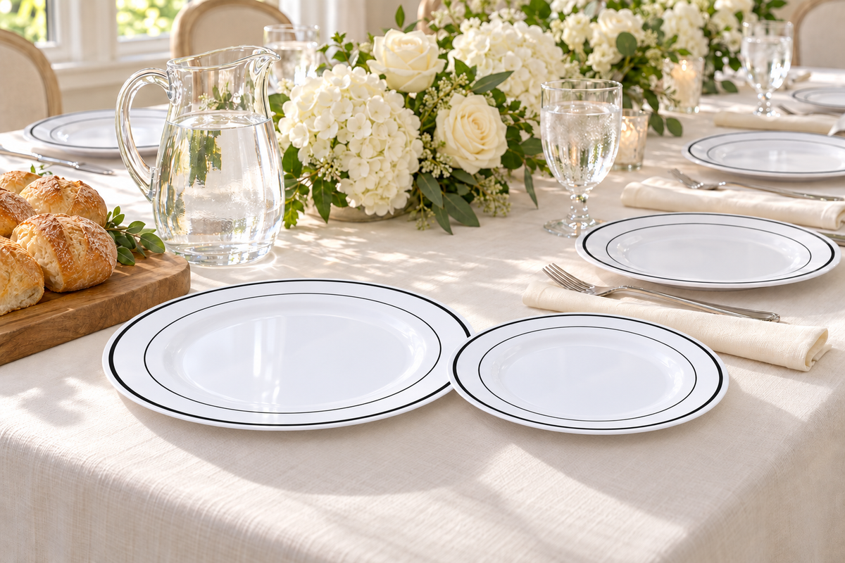 Two thin white black-rim plates at the host serving corner with separate bread board and water pitcher. Food and styling props are not included.