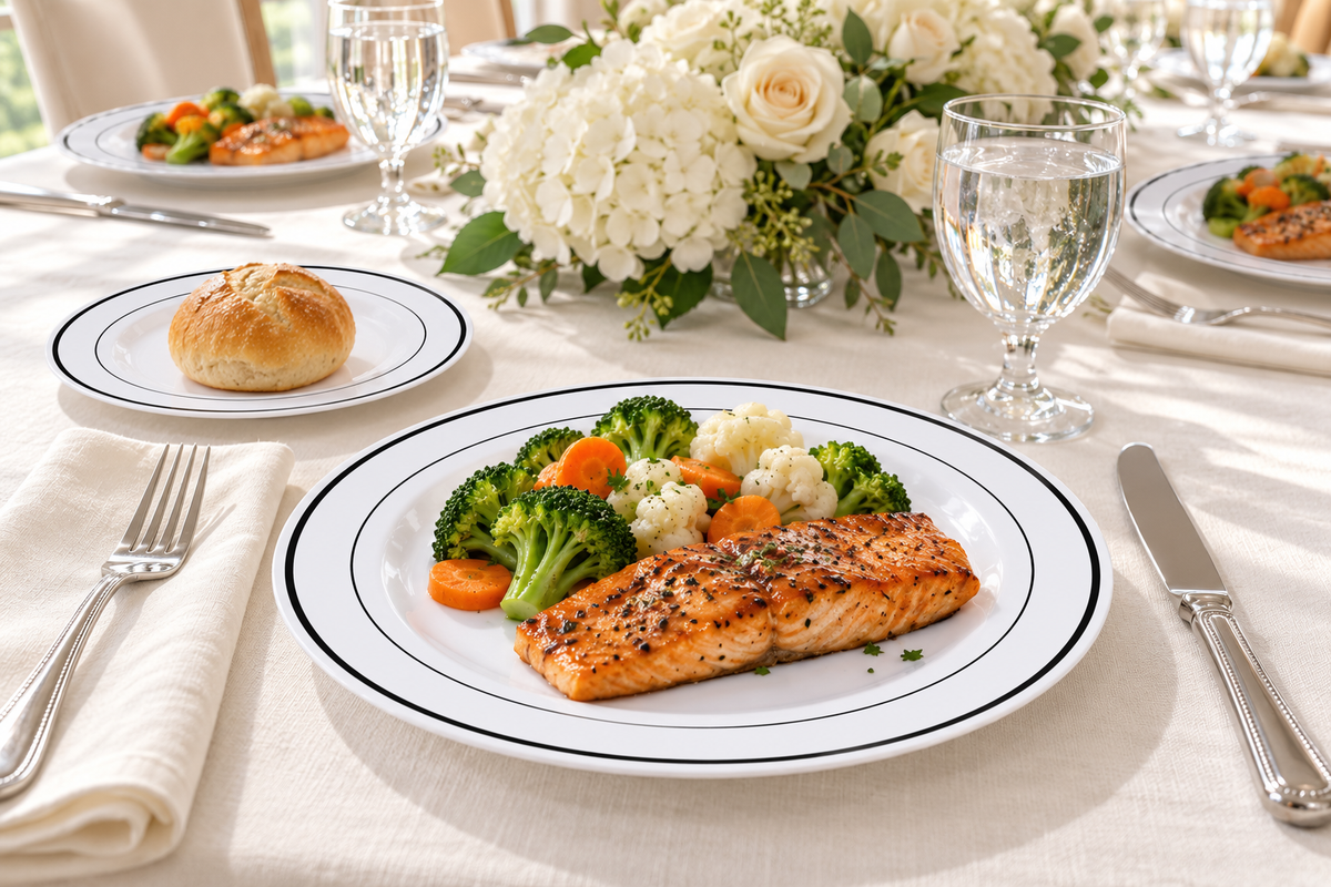 Salmon and vegetables on a white black-rim plate with a smaller bread plate at a floral linen party table. Food and styling props are not included.