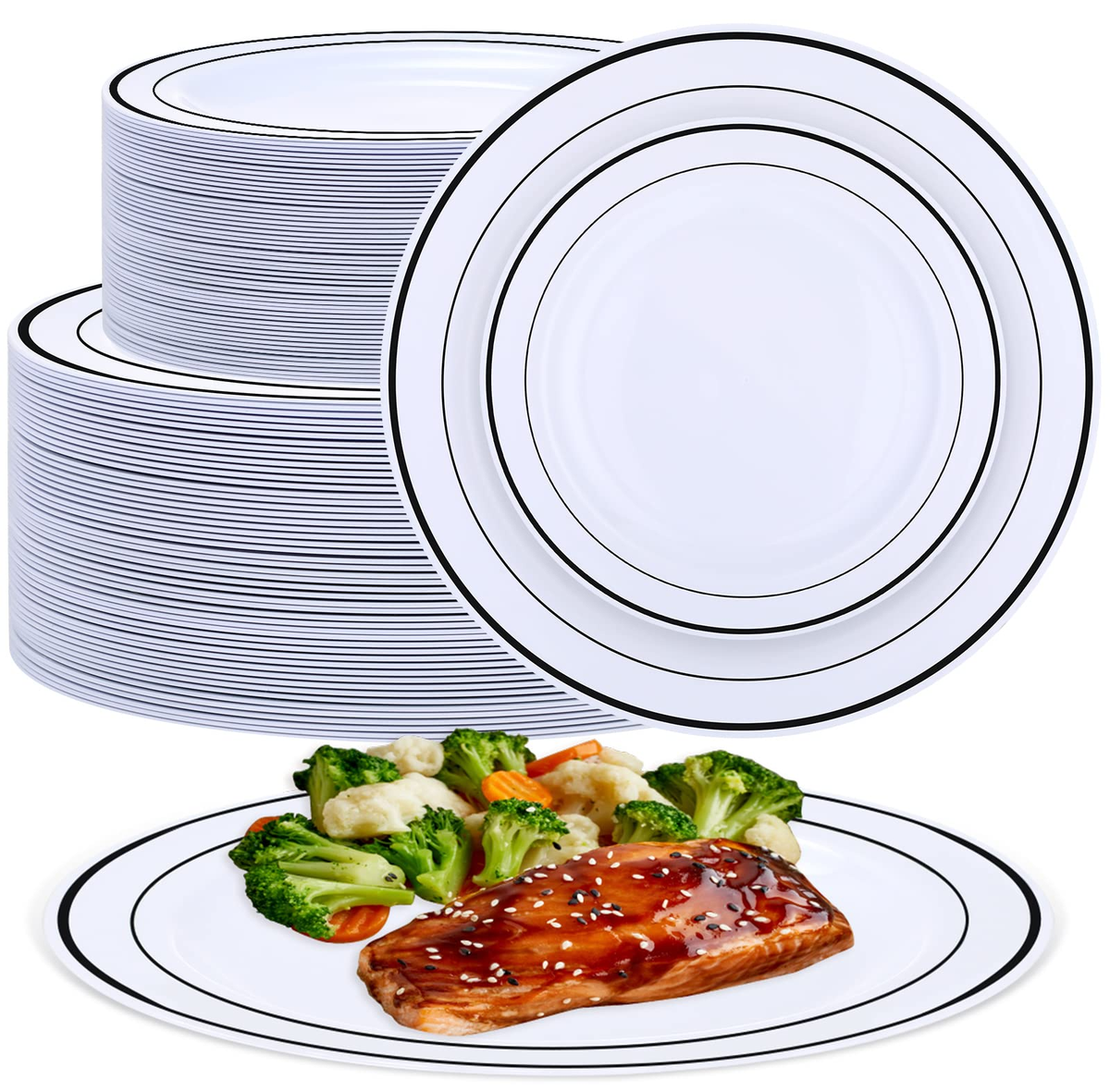 White plastic plates with black double-line rims in two sizes. Representative selection from the set; styling props not included.
