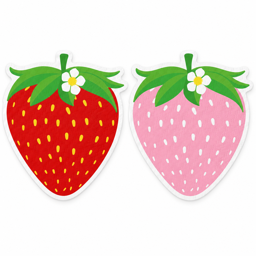 Representative red and pink strawberry-shaped paper napkins from the 100-pack on white; exact colour split is not specified.