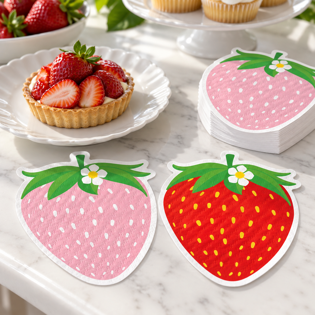 Representative strawberry paper napkins at a dessert table; food, plates and styling props are not included.