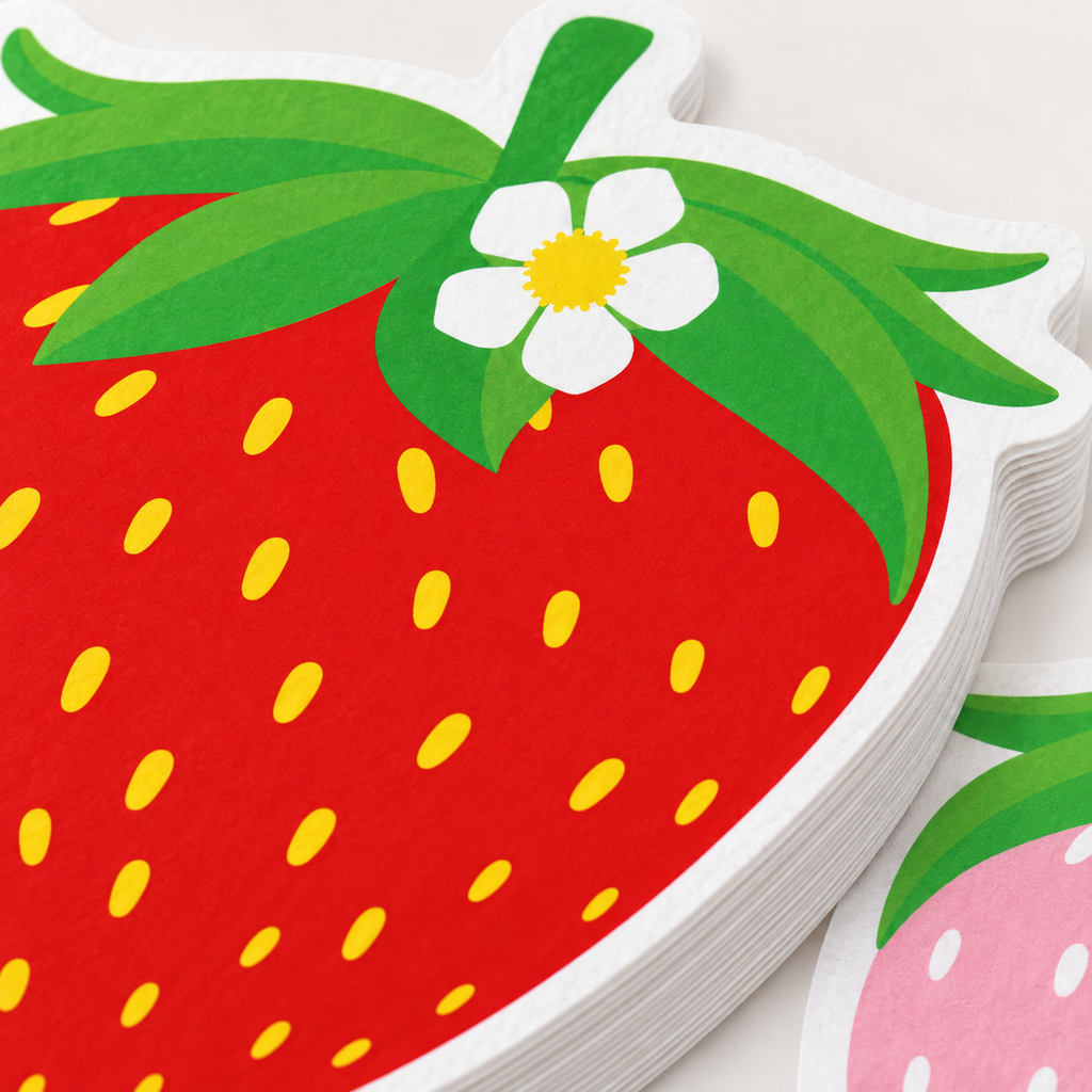 Close detail of the strawberry paper napkin flower print, white outline and stacked paper edges.