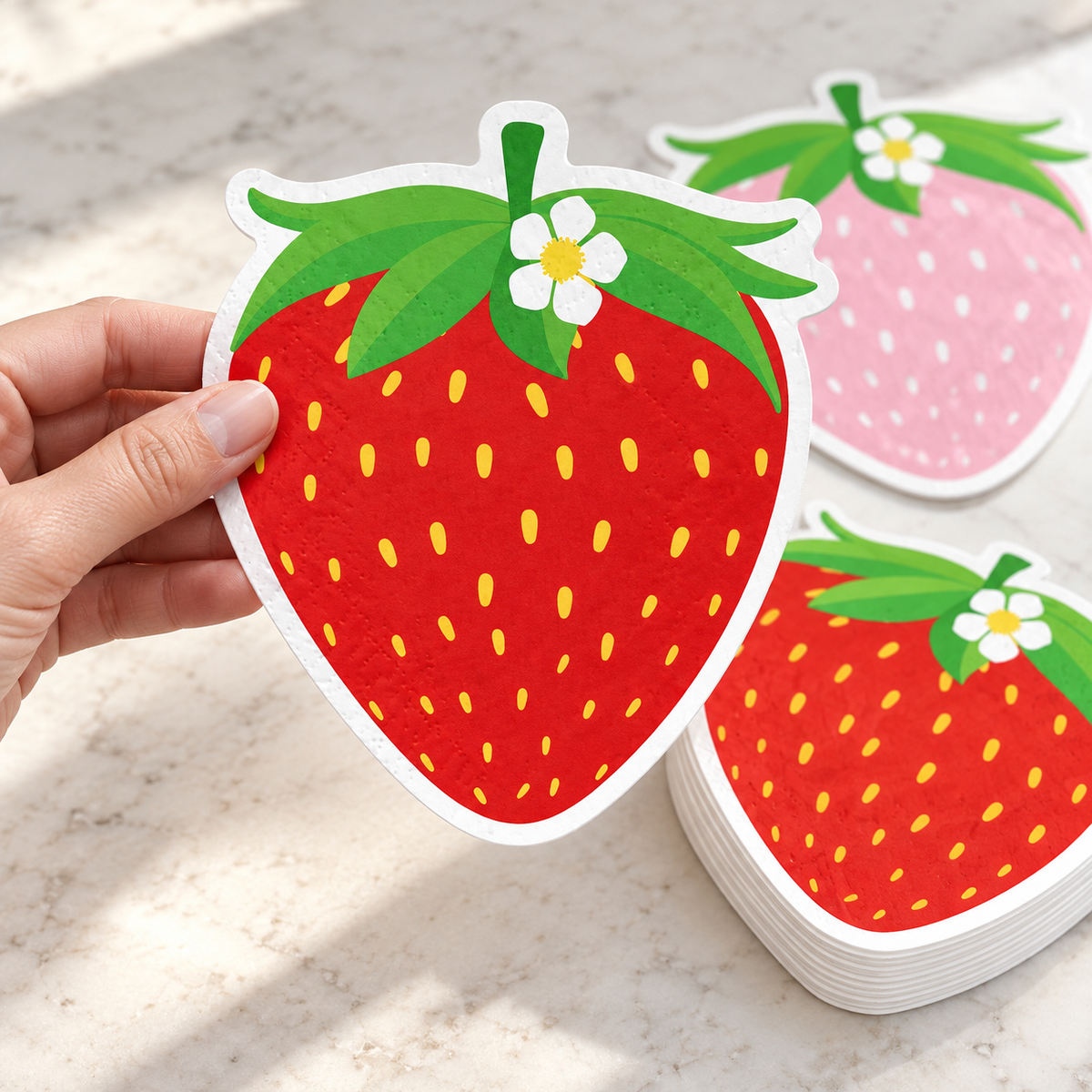 Adult hand taking a strawberry-shaped paper napkin from a representative small stack.