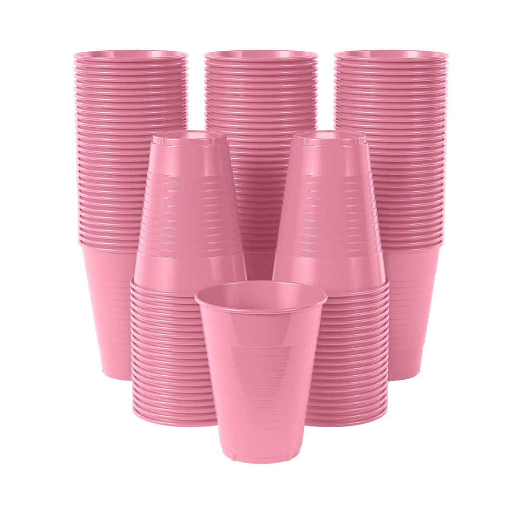 Pink plastic party cups on a white background; representative supplier grouping, not a pack-count display.