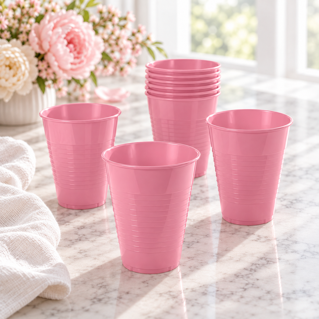 Rose-pink plastic cups and a short nested stack on a bright table. Background styling is not included. Representative selection from the pack.