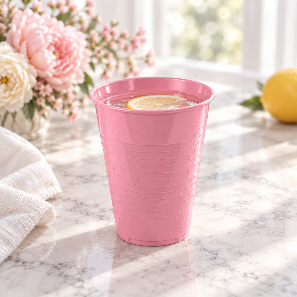 A rose-pink plastic cup holding water and a lemon slice. Drink and background styling are not included.