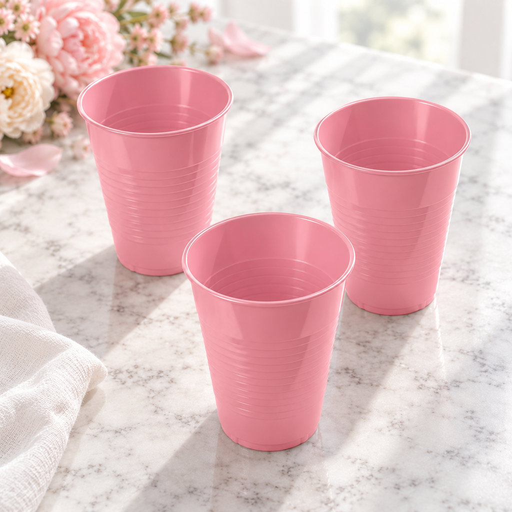 Three upright pink cups viewed from above, showing their thin rims and upper interiors. Background styling is not included. Representative selection from the pack.
