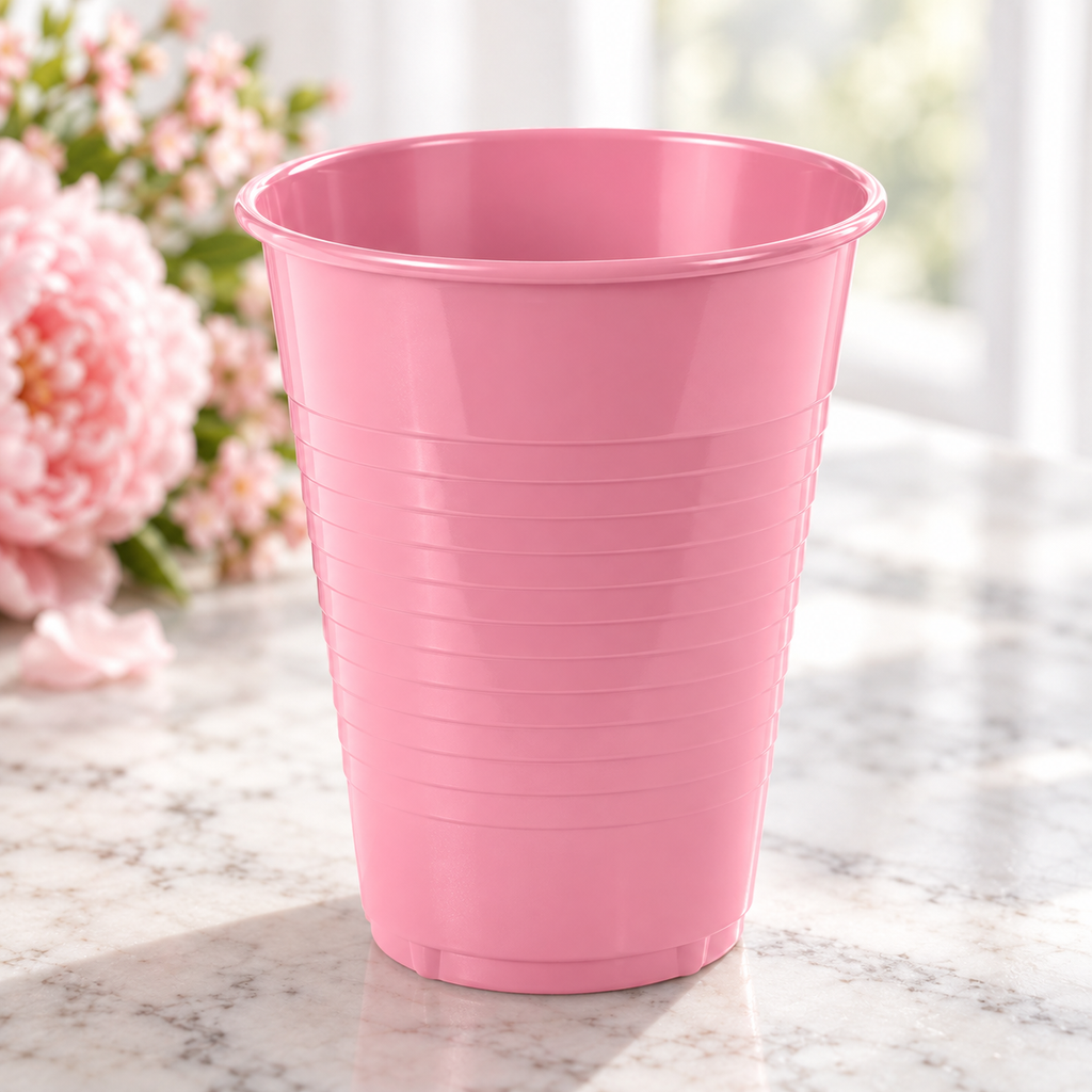 Close view of a pink cup's thin flared lip, tapered wall and subtle molded grip bands. Background styling is not included.