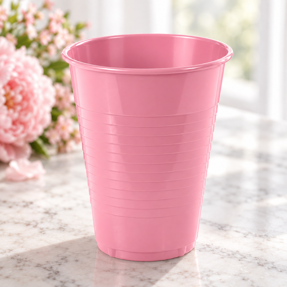 Close view of a pink cup's thin flared lip, tapered wall and subtle molded grip bands. Background styling is not included.