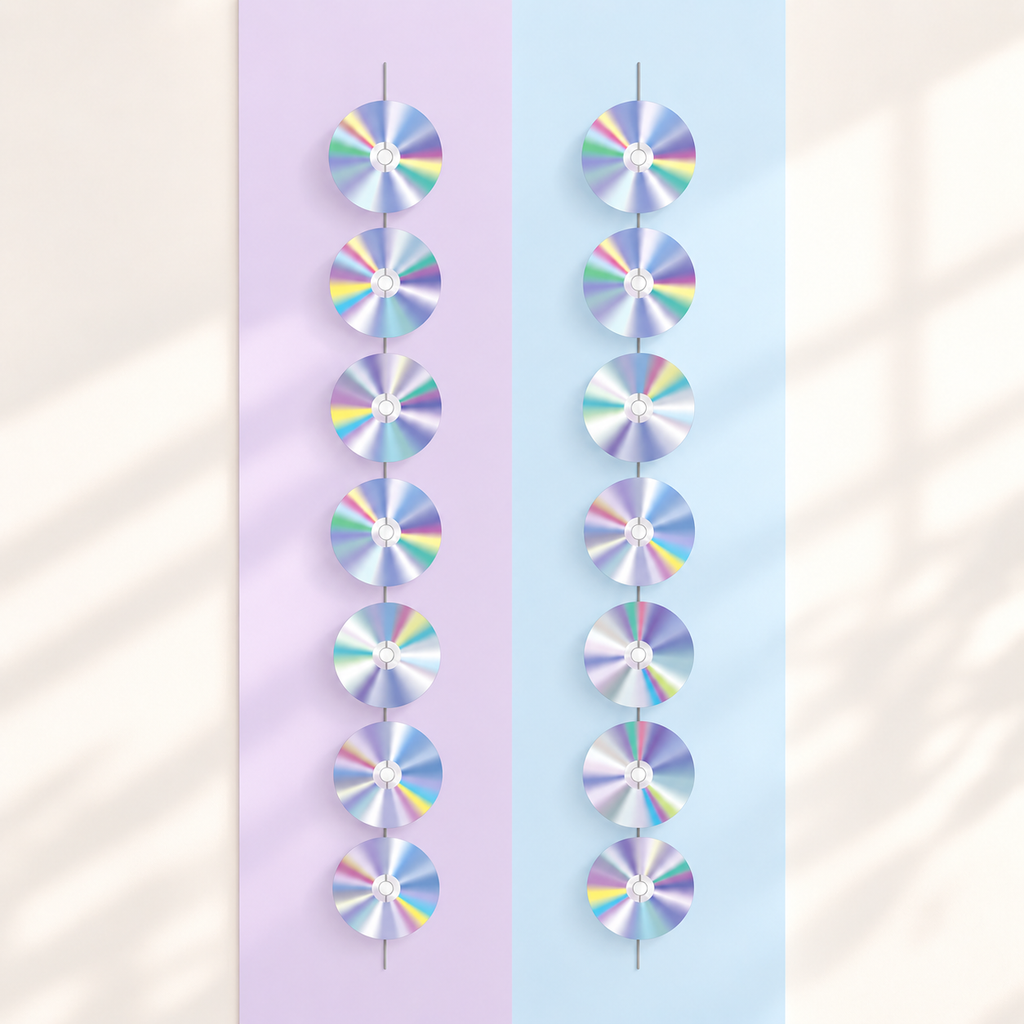 Representative retro CD hanging decorations from the eight-pack; background styling is not included.