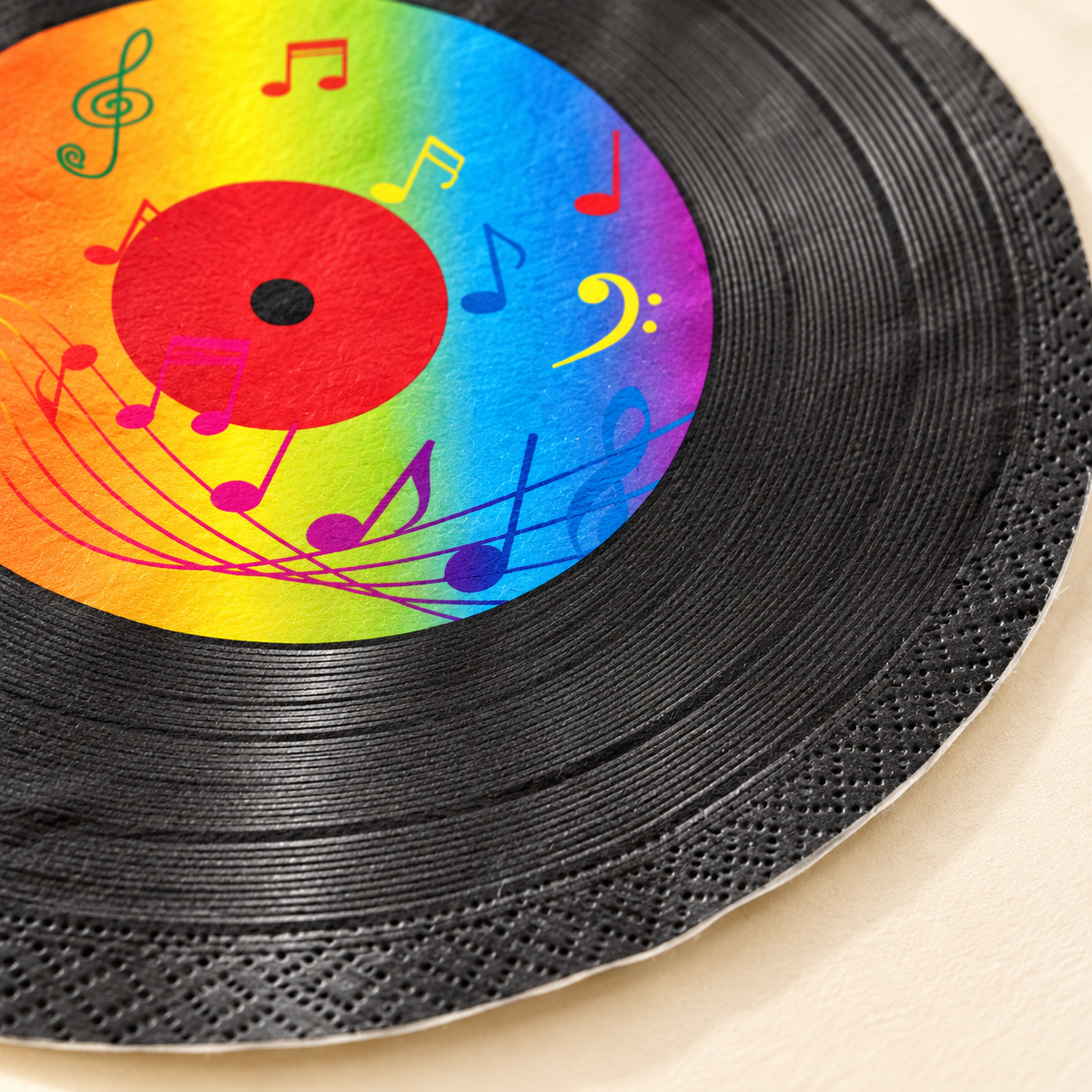 Close-up of colorful musical-note printing and tissue texture on a record-print paper napkin.