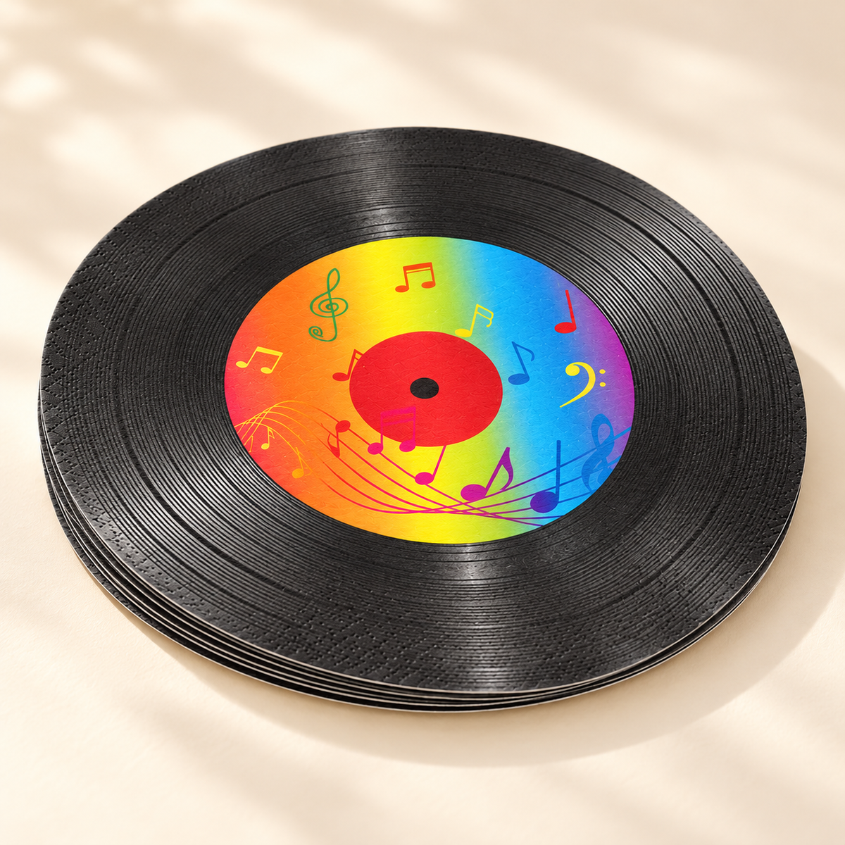 Low stack of circular record-print paper napkins showing their thin edges; representative portion of the 100-pack.