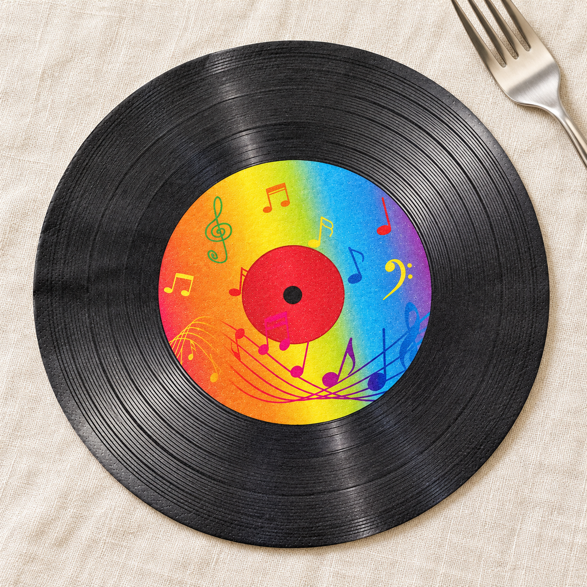 Overhead view of the record-print paper napkin; fork and styling props are not included.