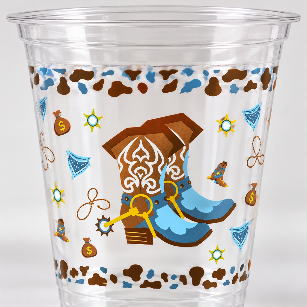 Detail of the brown-and-blue cowboy boot motif printed on a clear disposable cup.