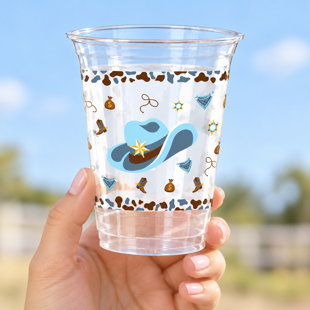One clear 12 oz Blue Cowboy cup with hat motif held by an adult for scale; part of the 100-pack.