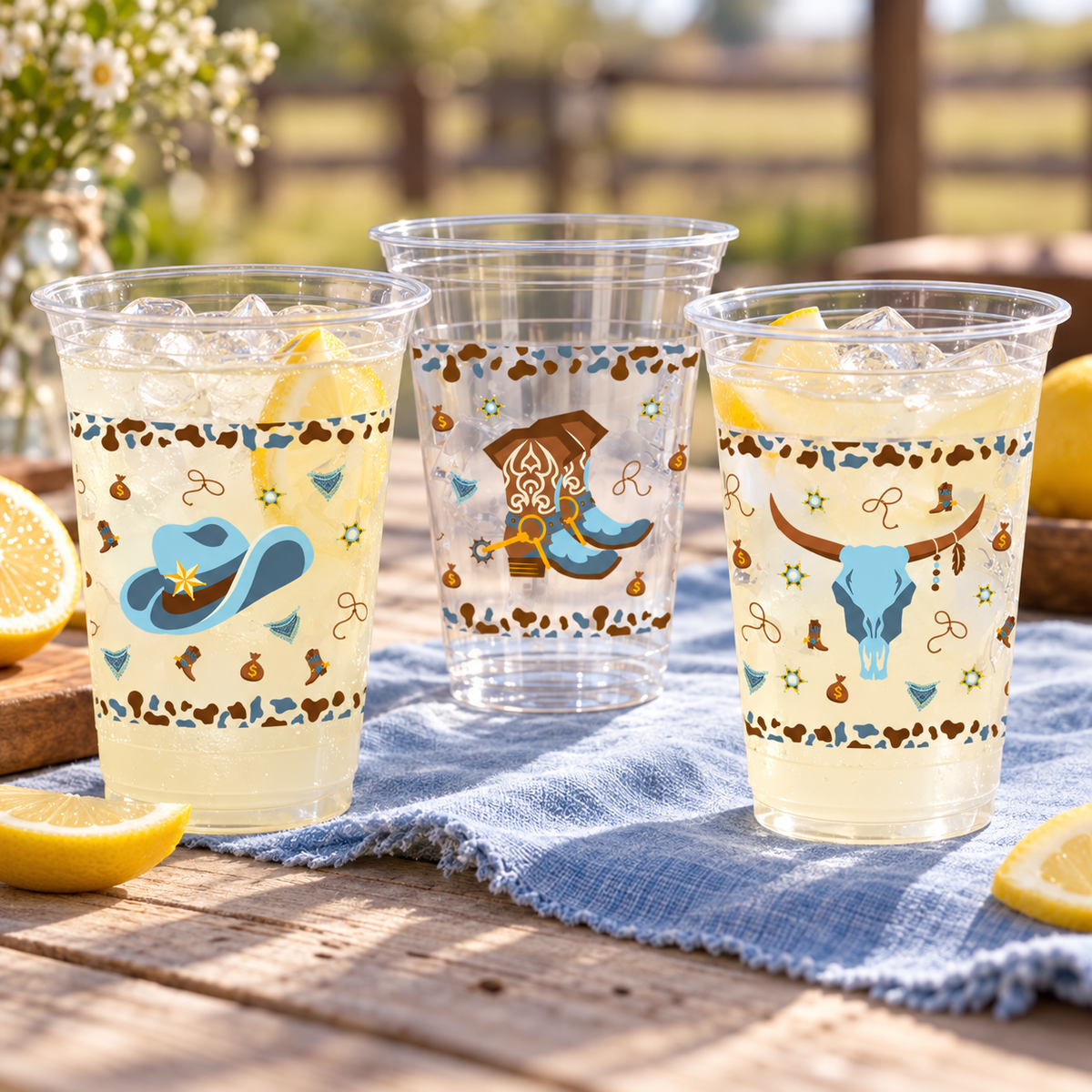 Blue Cowboy clear plastic cups styled with cold lemonade; drinks, food and linens are not included.