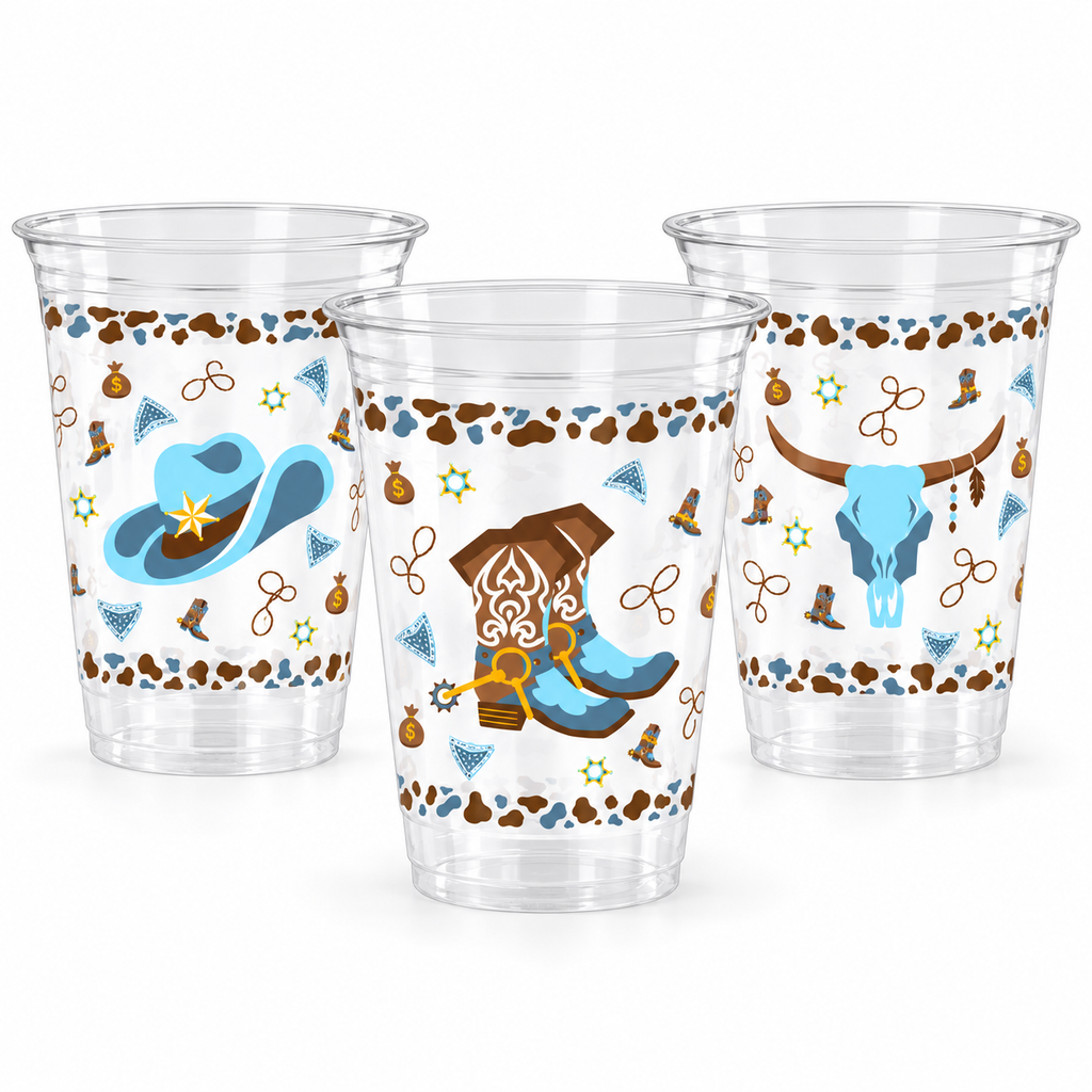 Clear 12 oz cups showing hat, boot and longhorn motifs from the same Blue Cowboy 100-pack; representative cups shown.