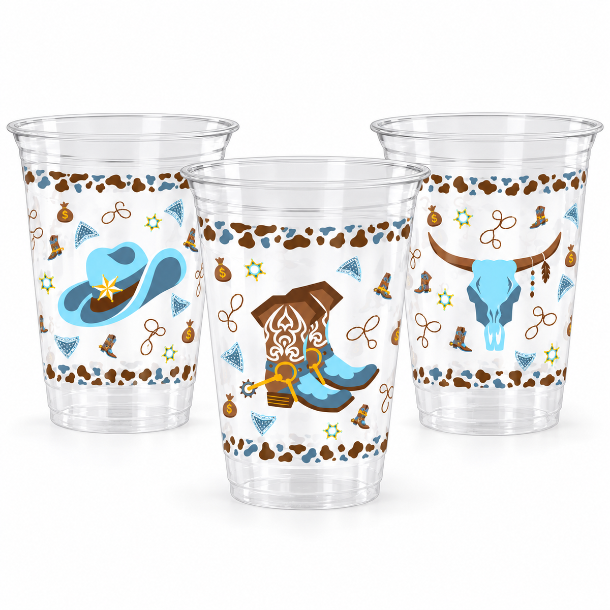 Clear 12 oz cups showing hat, boot and longhorn motifs from the same Blue Cowboy 100-pack; representative cups shown.