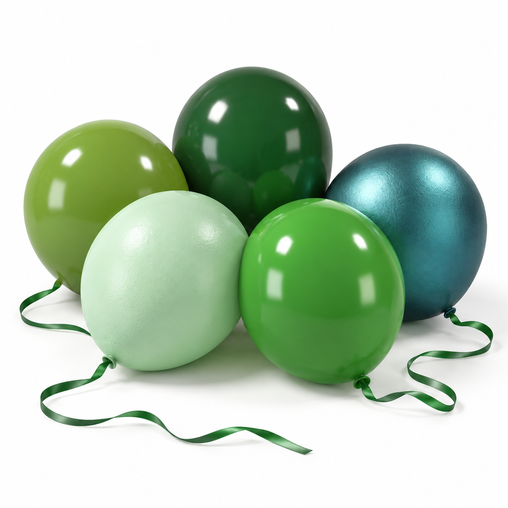 Representative green balloons with matching ribbon, arranged on a white background; partial set shown.