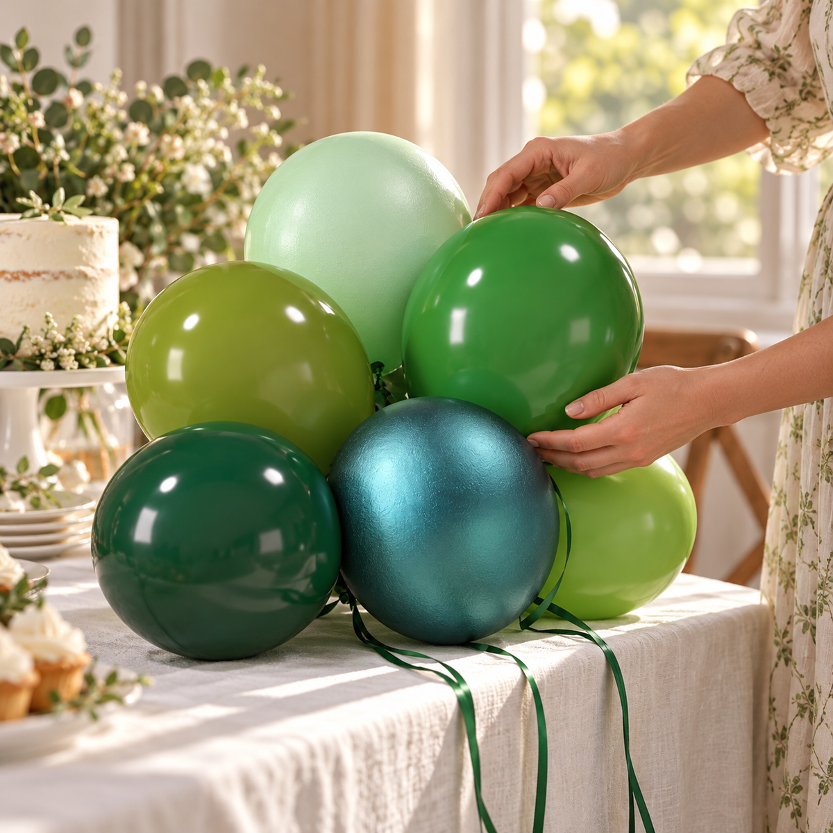 Adult arranging a representative green balloon group beside a dessert table; styling props not included.