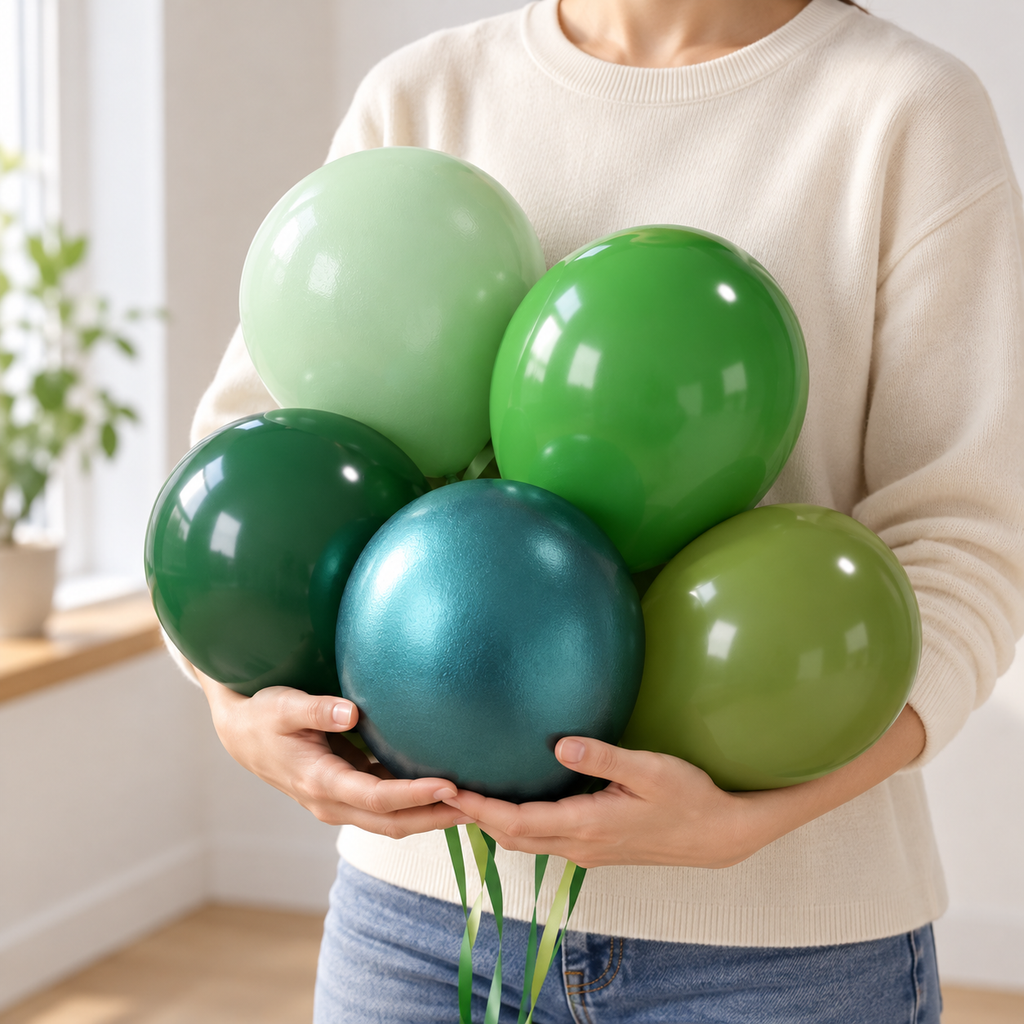 Adult carrying a representative green balloon group supported in their arms; partial set shown.