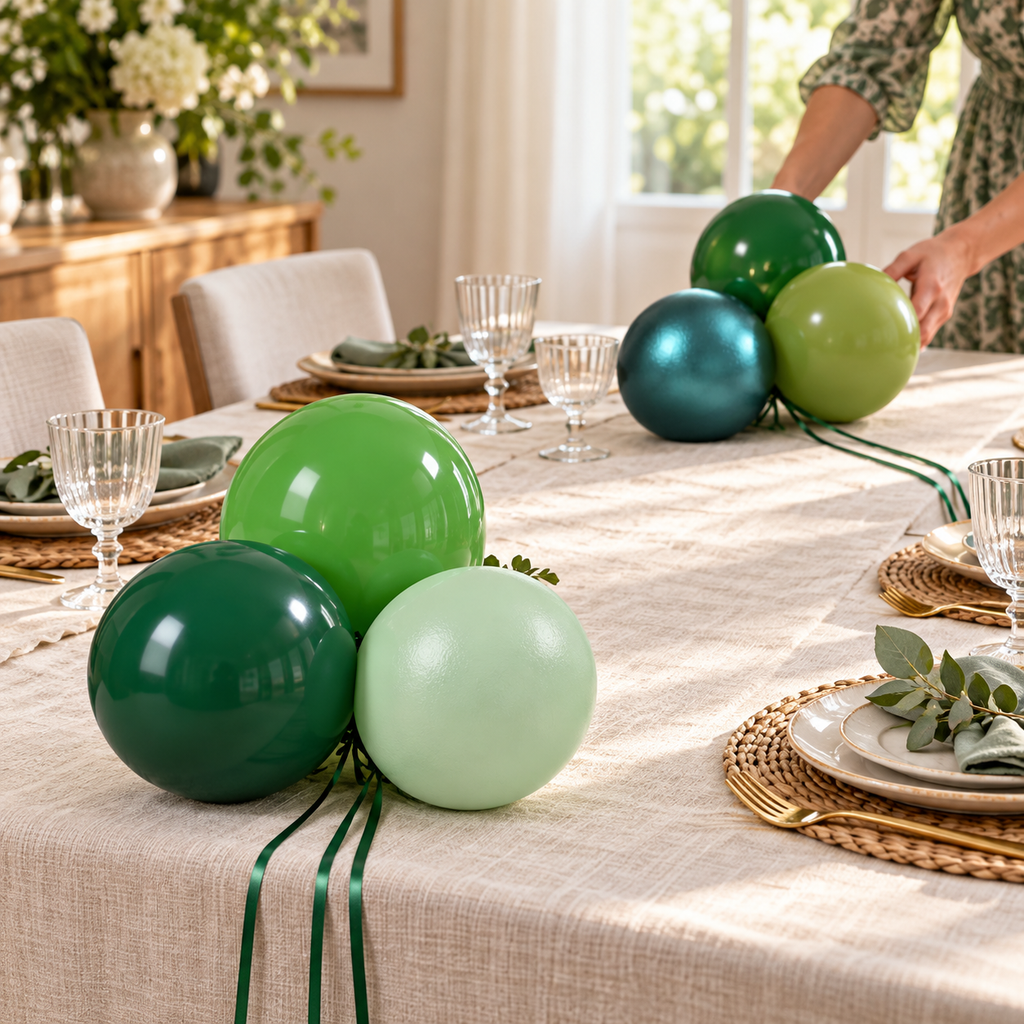Two small representative green balloon groups on a party table; styling props not included.