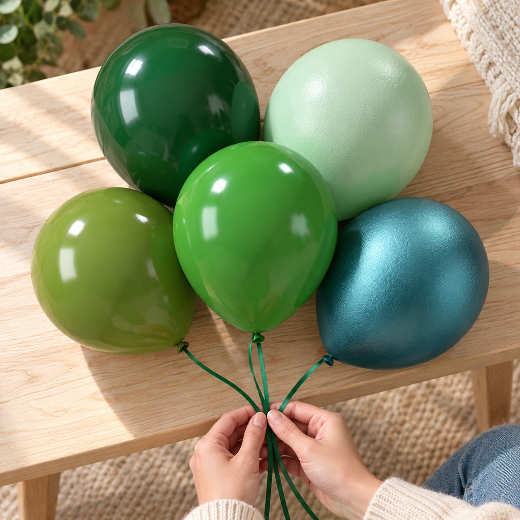 Adult gathering matching ribbons beside representative green balloons resting on a bench.