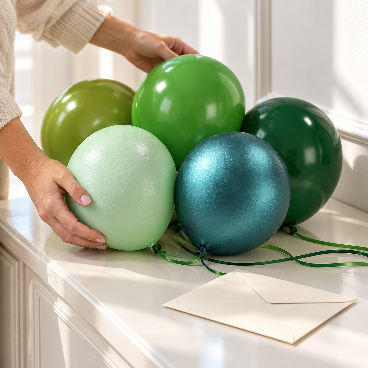 Representative green balloons being arranged on an entry console; styling props not included.