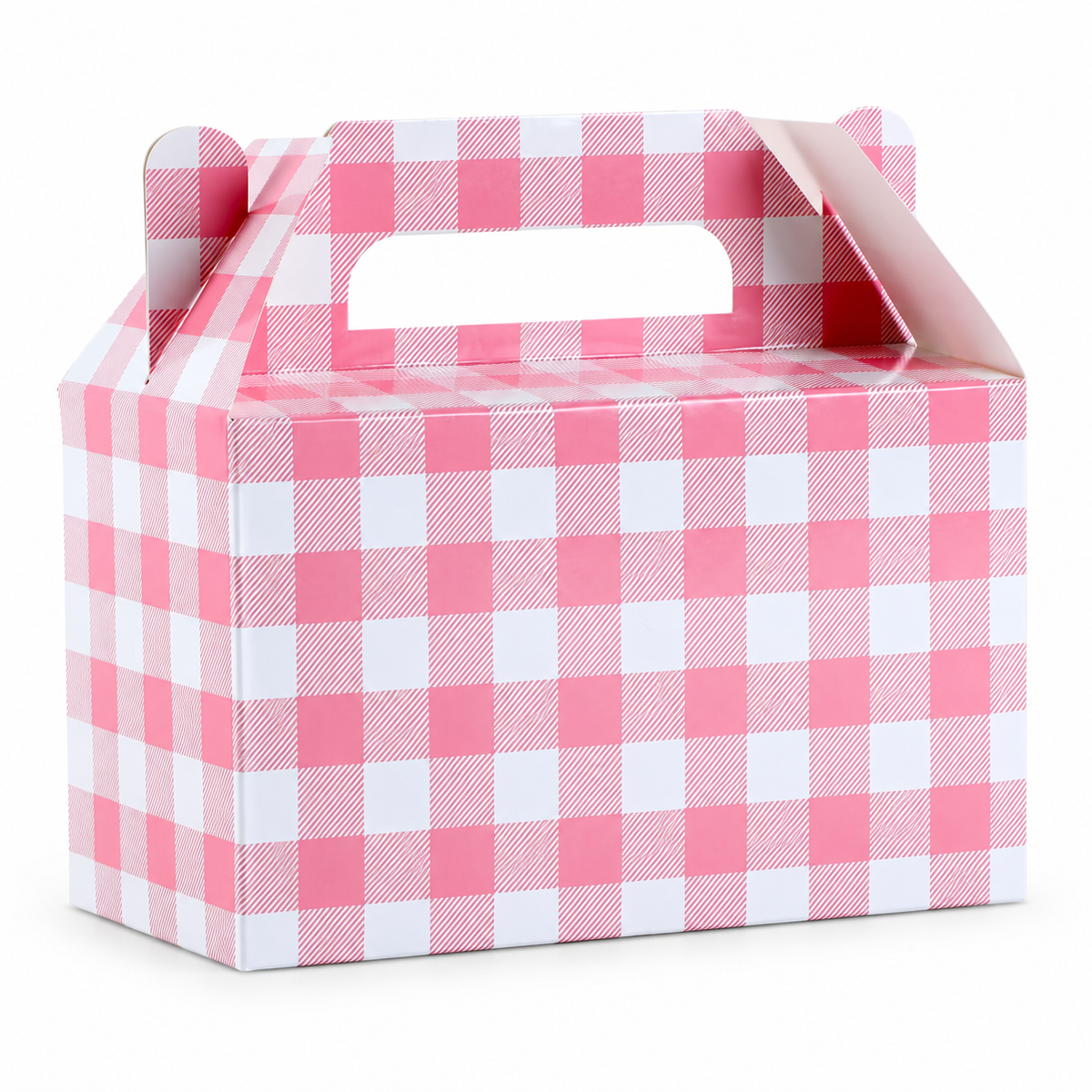 Pink gingham favor box, white view. Representative portion of the 12-pack; styling props are not included.