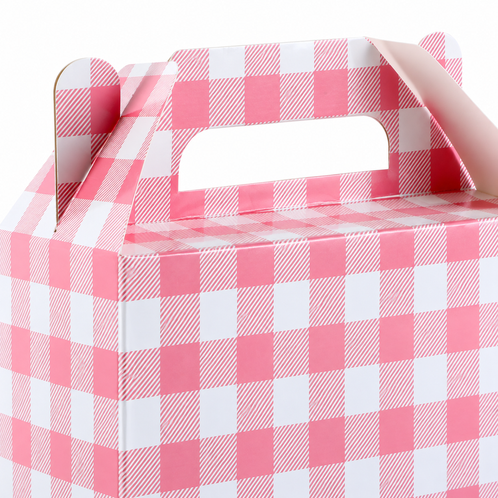 Pink gingham favor box, detail view. Representative portion of the 12-pack; styling props are not included.