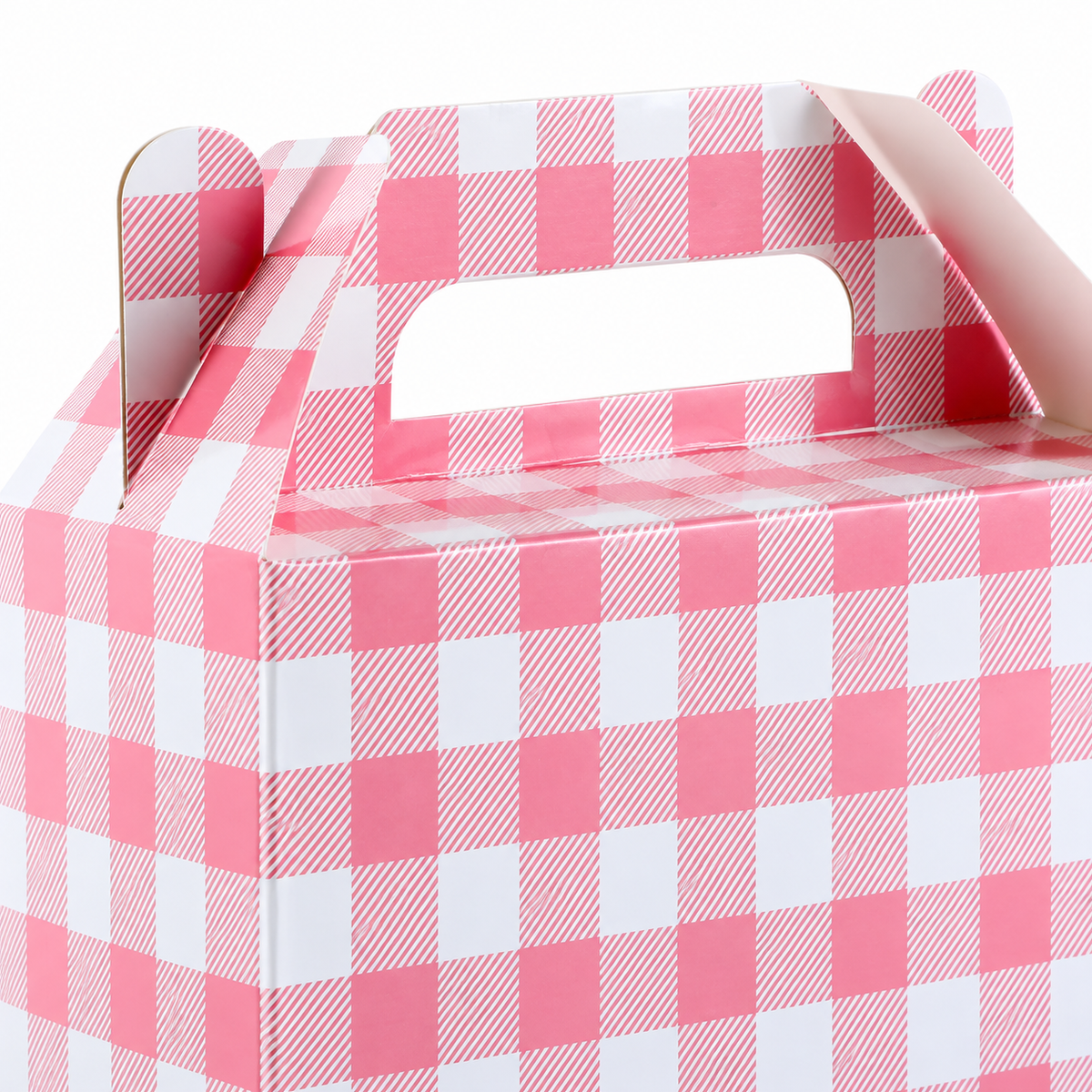 Pink gingham favor box, detail view. Representative portion of the 12-pack; styling props are not included.