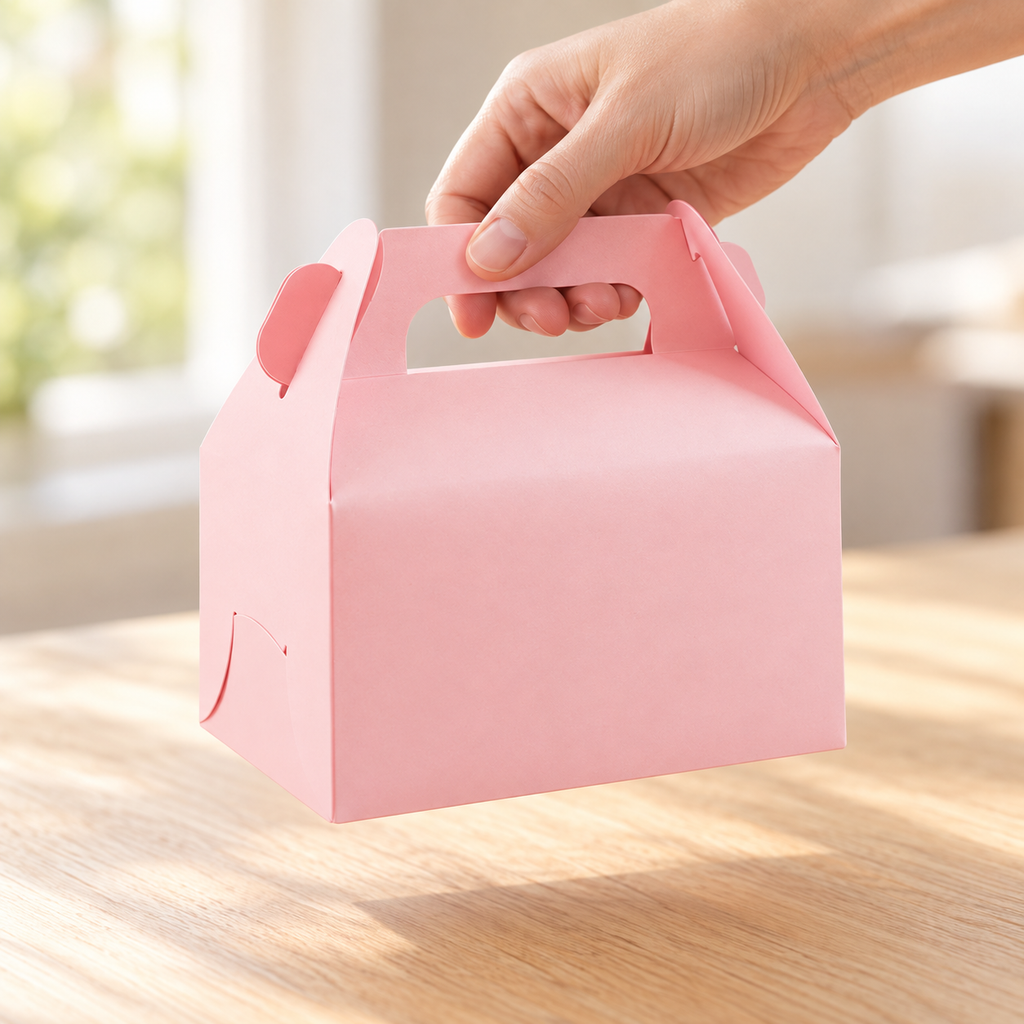 A hand lifting one closed pink gable favor box by its integral handle; representative box from the 30-pack.