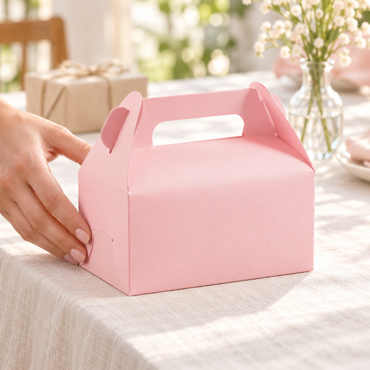 One closed pink gable favor box placed on a celebration gift table; styling props are not included.