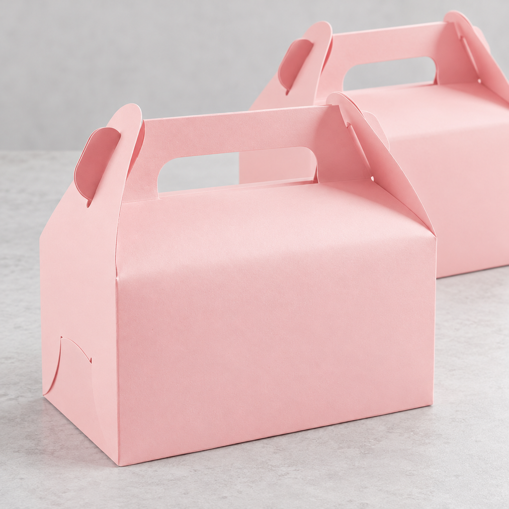 Visible handle opening, locking tabs and folded shoulders of representative closed pink gable favor boxes.