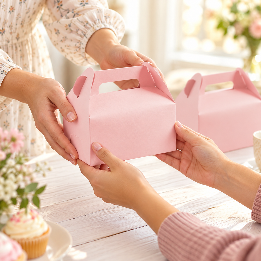 Hands passing one closed pink gable favor box at a celebration; the 30-pack contains boxes only, styling props are not included.