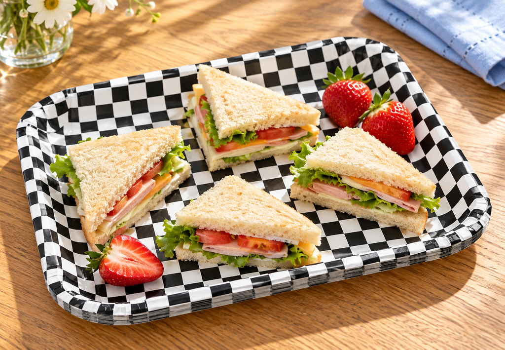 Checkered paper serving trays styled with sandwiches and strawberries; food and styling props are not included.