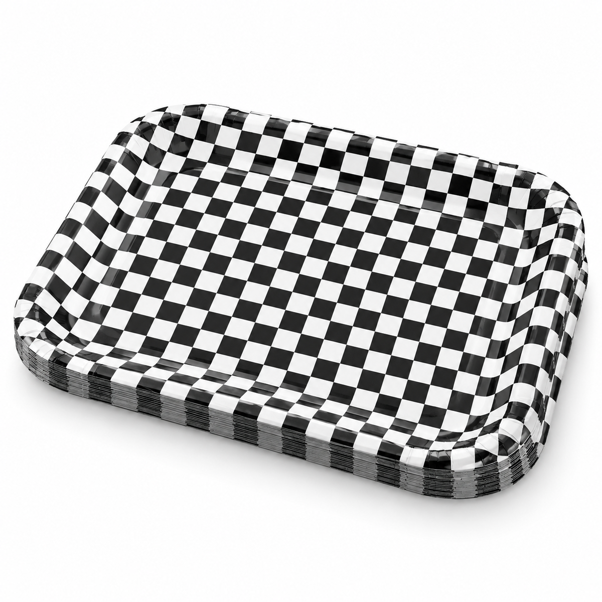 Black-and-white checkered paper serving trays on a white background; representative portion of the 24-pack.