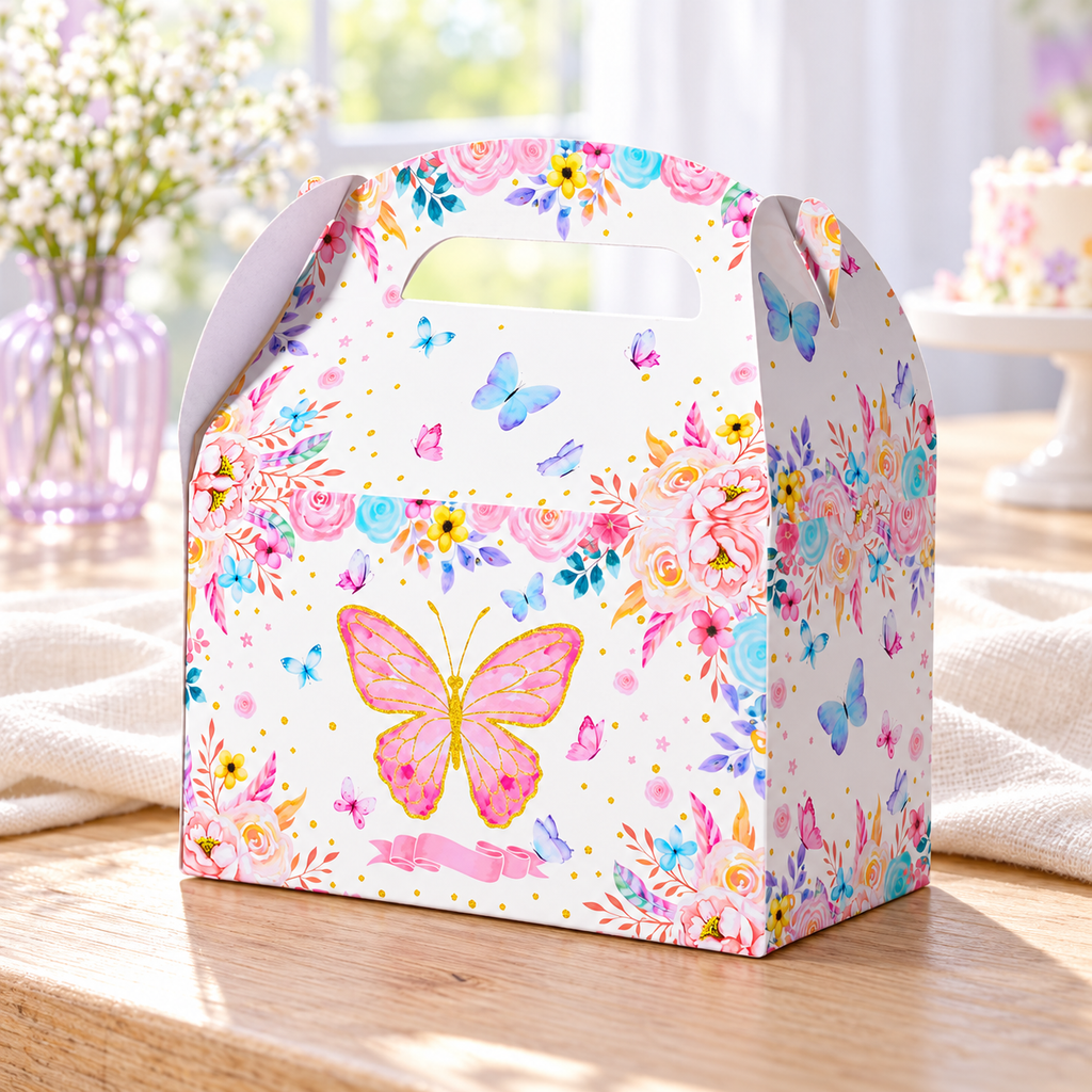 One representative butterfly-print favor box from the 24-pack; flowers, food and styling props are not included.