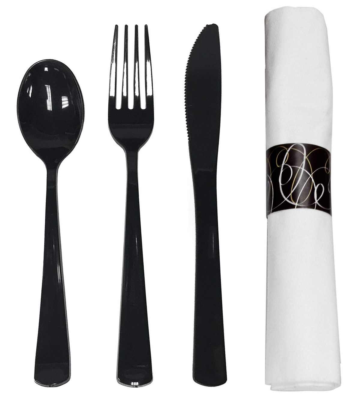 Black spoon, fork and knife beside a rolled white napkin with a black printed band. One representative place setting from the 50-unit pack.