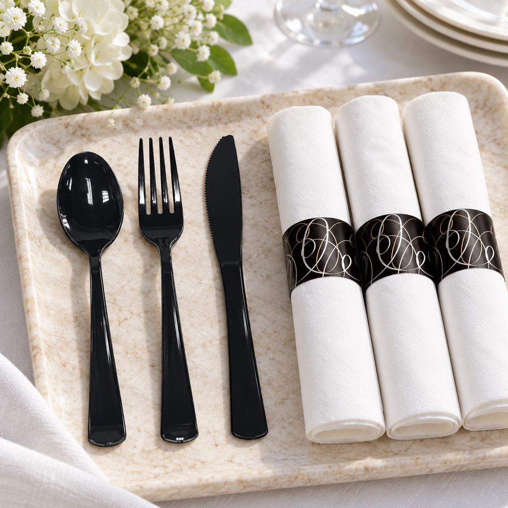 Banded white napkin rolls beside black cutlery on a serving tray. Representative styled group, not the contents of one unit or the complete pack; tray not included.