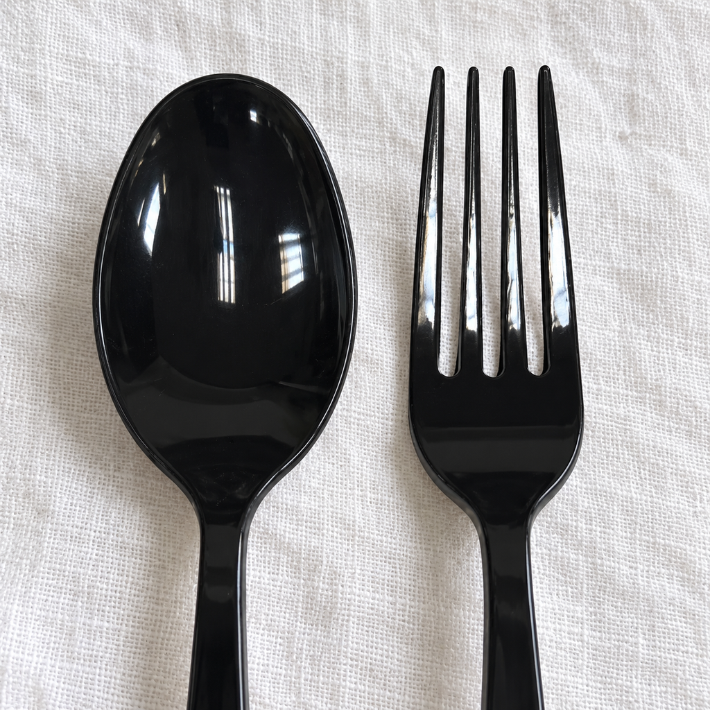 Close-up of the black spoon bowl and four-tine fork.