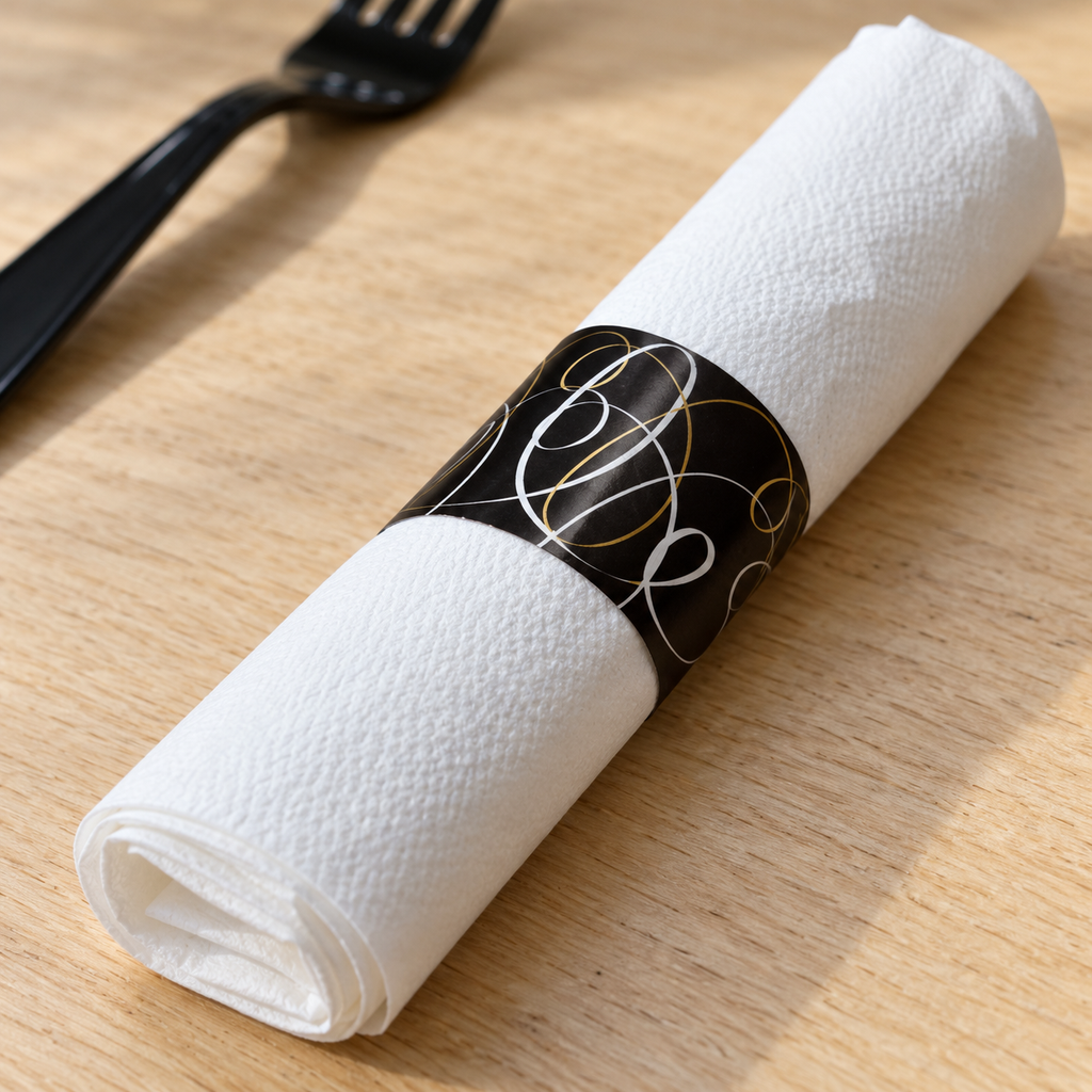 Close-up of a white paper napkin roll and its black printed band.