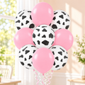 Representative pink and cow-print balloon display from the 50-pack with ribbon; not all balloons shown.