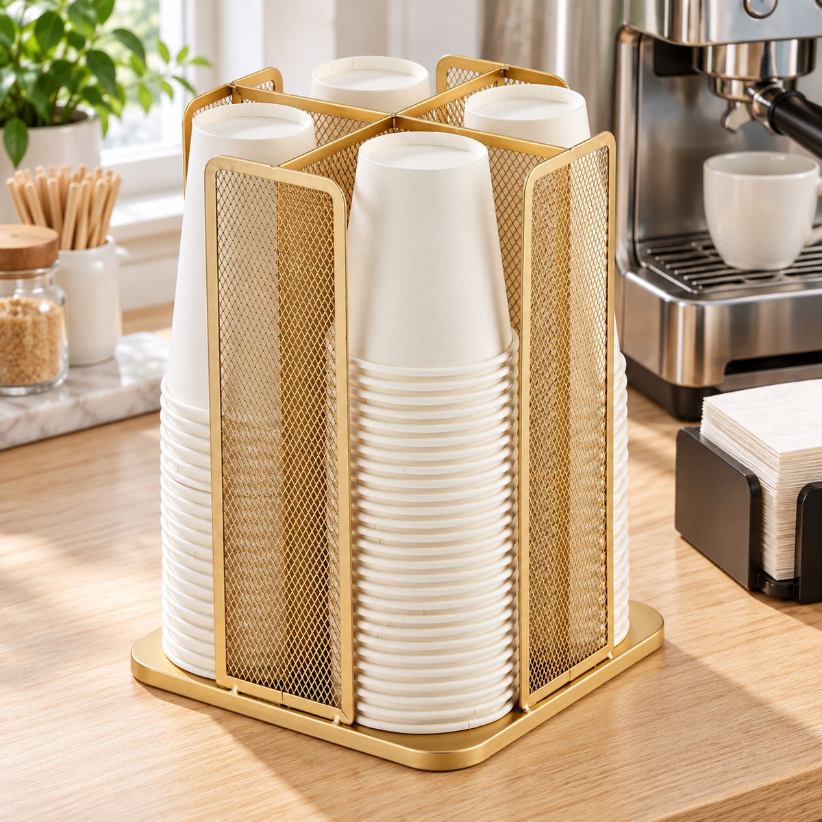 Gold four-compartment cup organizer at a coffee station; cups, equipment and accessories are not included.